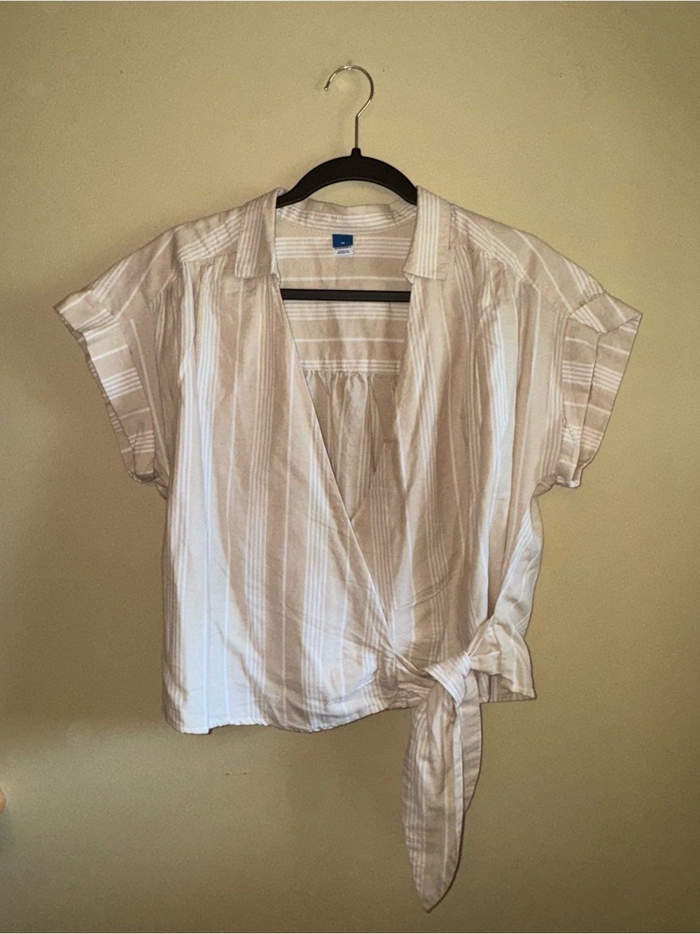 Old Navy Beige and White Striped Tie-Front Blouse